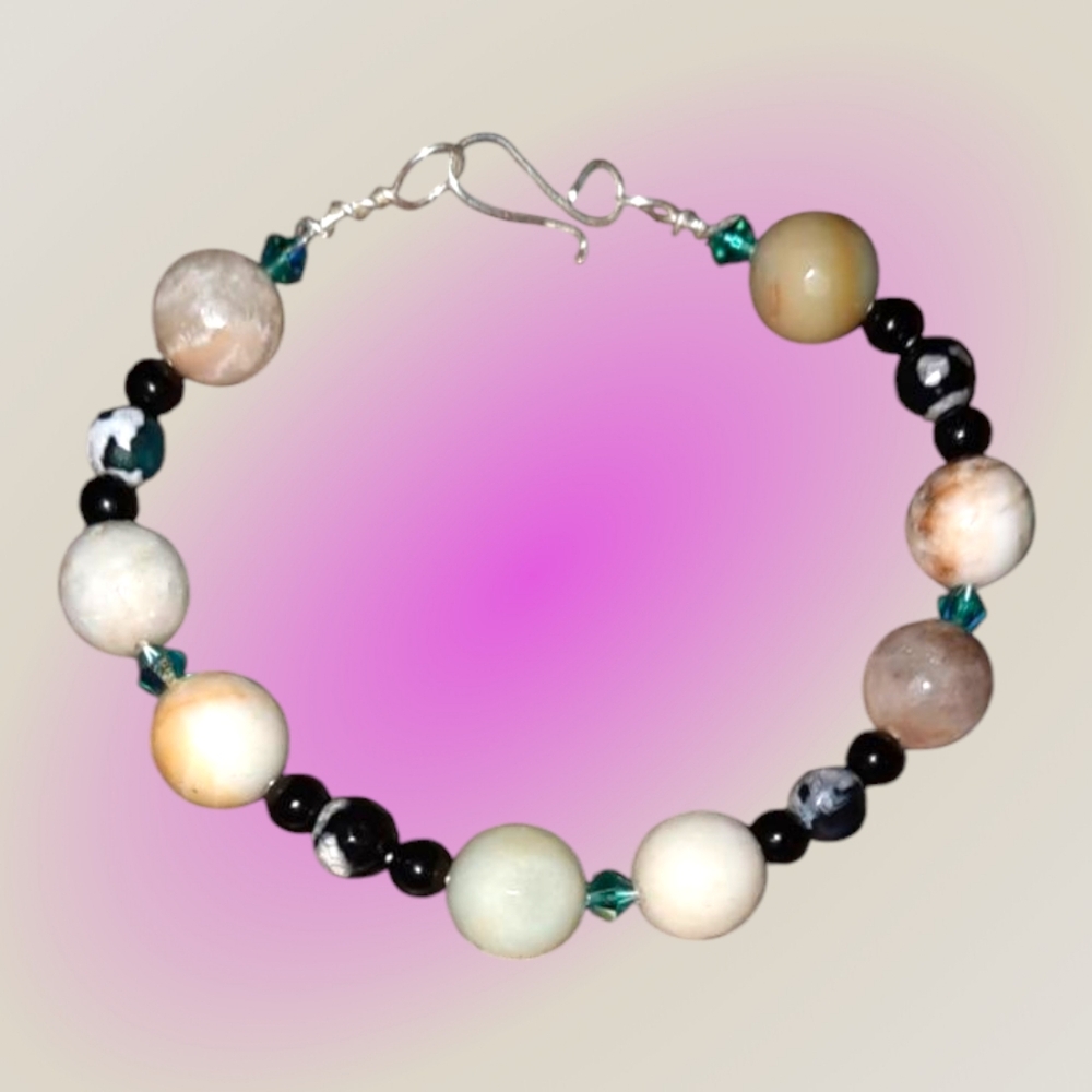 NEW Sterling gemstone bead bracelet amazonite, onyx, black agate 925